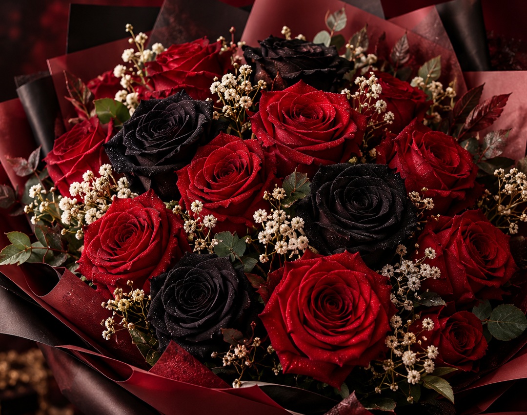 Detail rangkaian mawar merah dan hitam